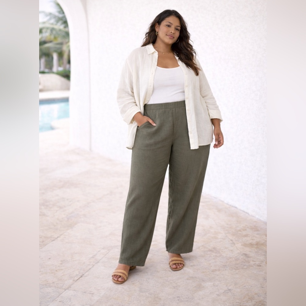 J.Jill Love Linen 100% Linen Flat FrontPants Olive Green Resort Coastal Sz XL